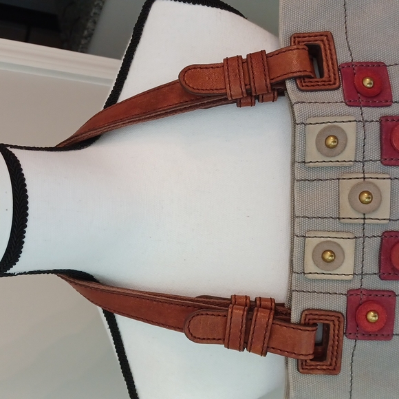 Fossil Taupe Canvas Embellished Circles Squares Tote Bag - Picture 5 of 16